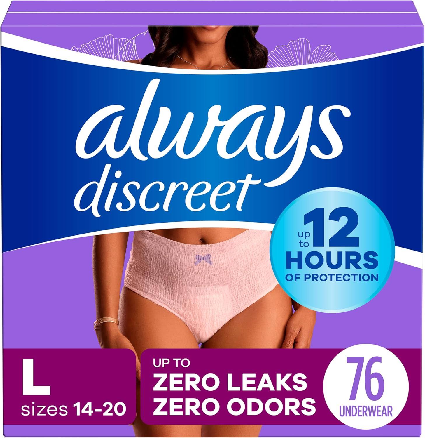 Always Discreet Adult Incontinence Underwear for Women and Postpartum Underwear, L, Up to 100%* Bladder Leak Protection, 76 CT