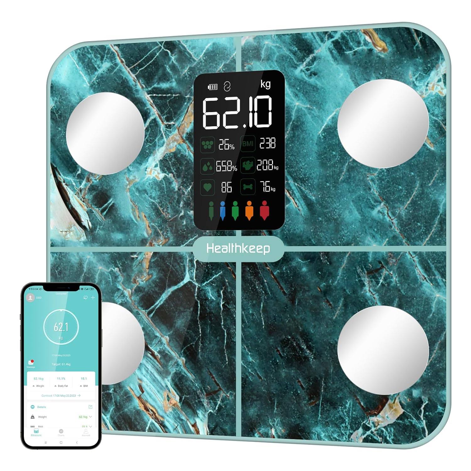 Body Fat Scale with Large VA Display, 15 Body Datas with Heart Rate, Smart Weight Scale Compatible with iOS   Android, Max 400lbs/180kg, 28cm, Marble Green