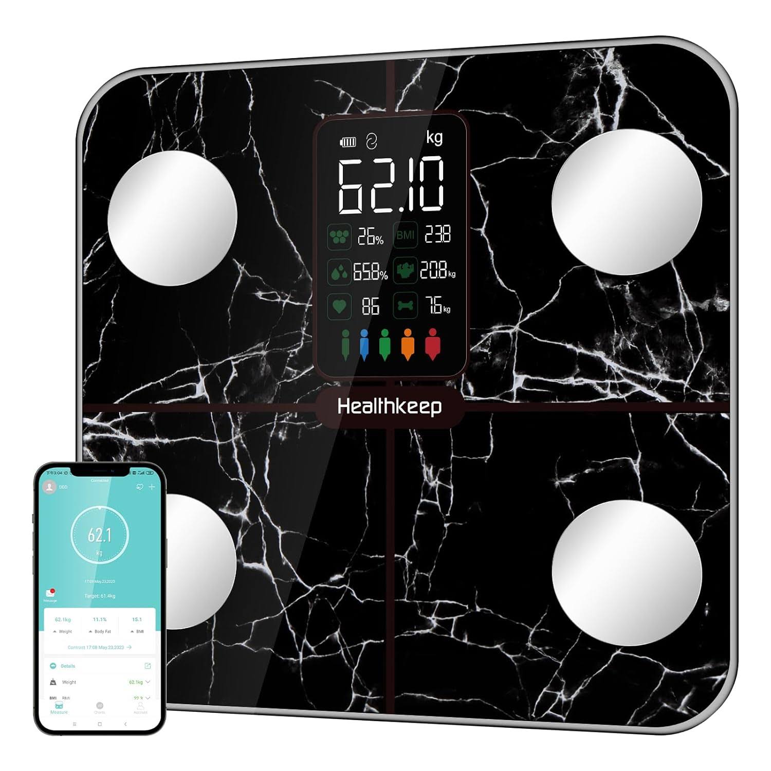 Body Fat Scale with Large VA Display, 15 Body Datas with Heart Rate, Smart Weight Scale Compatible with iOS   Android, Max 400lbs/180kg, 28cm, Marble Black
