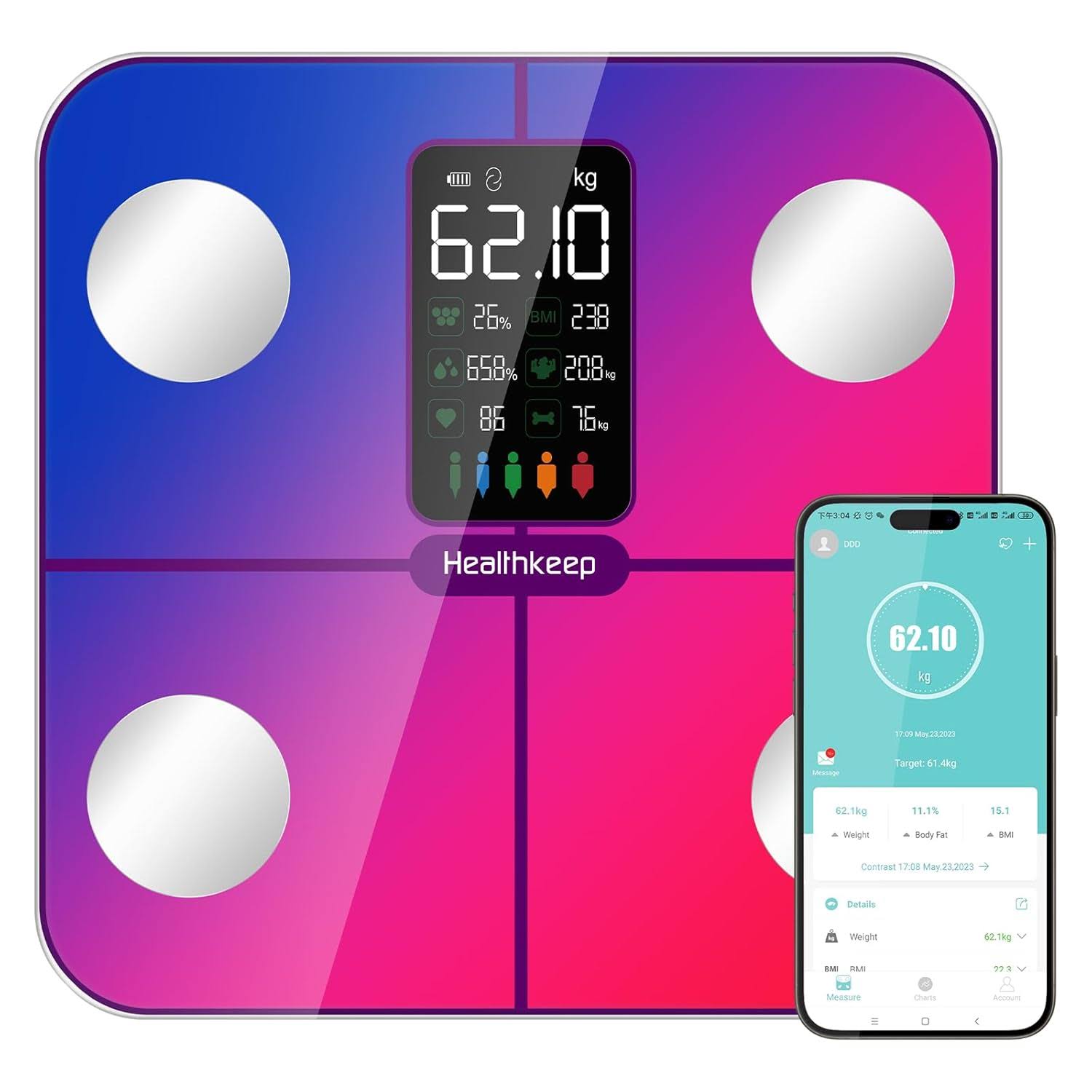 Body Fat Scale with Large VA Display, 15 Body Datas with Heart Rate, Smart Weight Scale Compatible with iOS   Android, Max 400lbs 180kg, 28cm, Multicolored