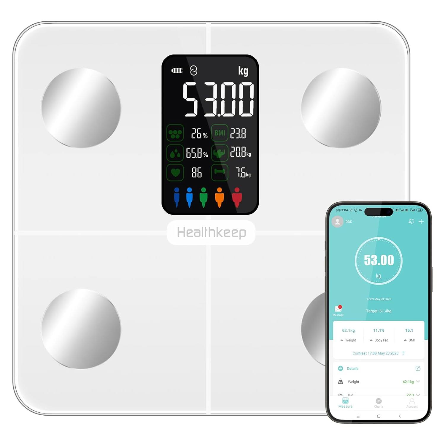 Body Fat Scale with Large VA Display, 15 Body Datas with Heart Rate, Smart Weight Scale Compatible with iOS   Android, Max 400lbs/180kg, 28cm, White