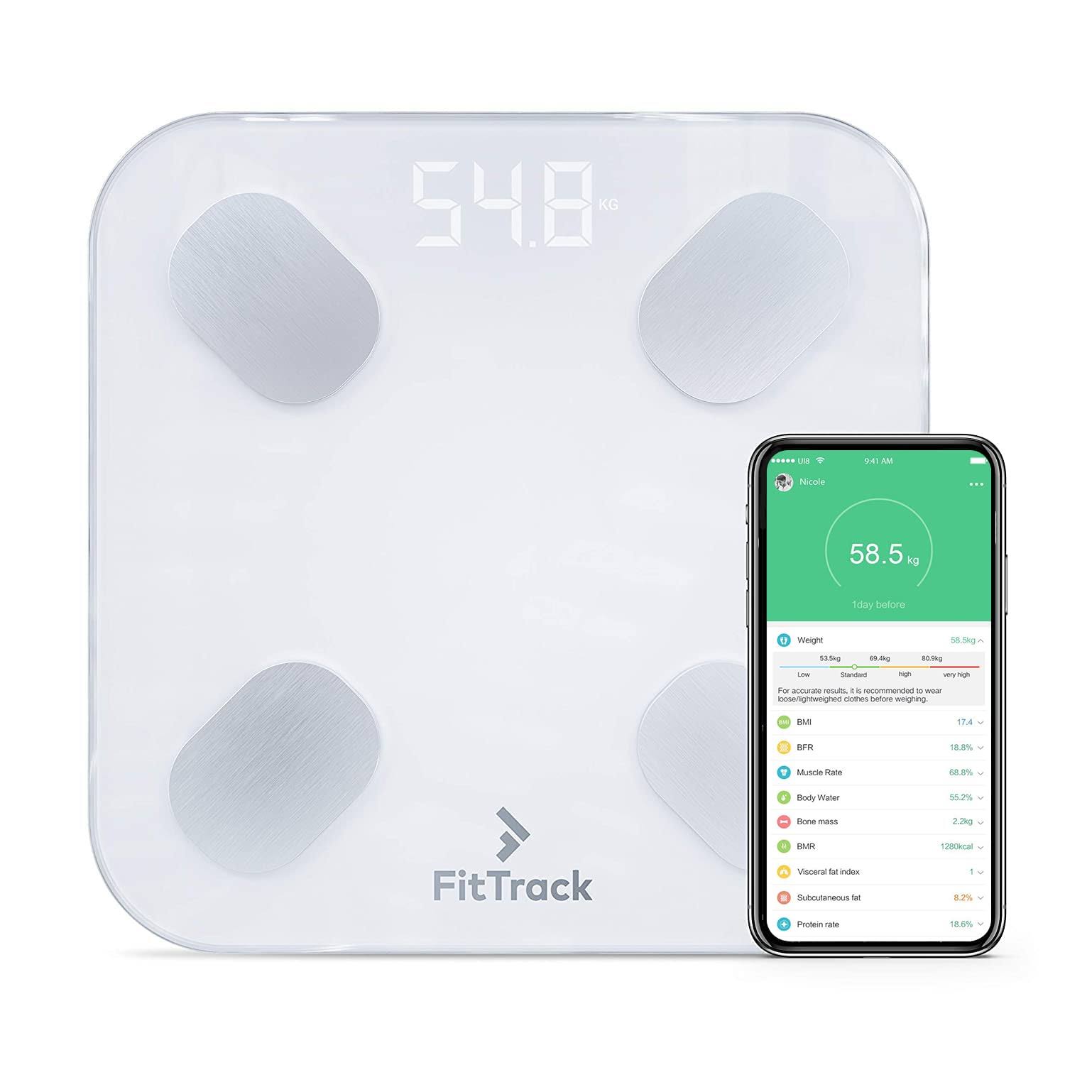 FitTrack Dara Smart BMI Digital Scale   Measure Weight and Body Fat   Most Accurate Bluetooth Glass Bathroom Scale (White)