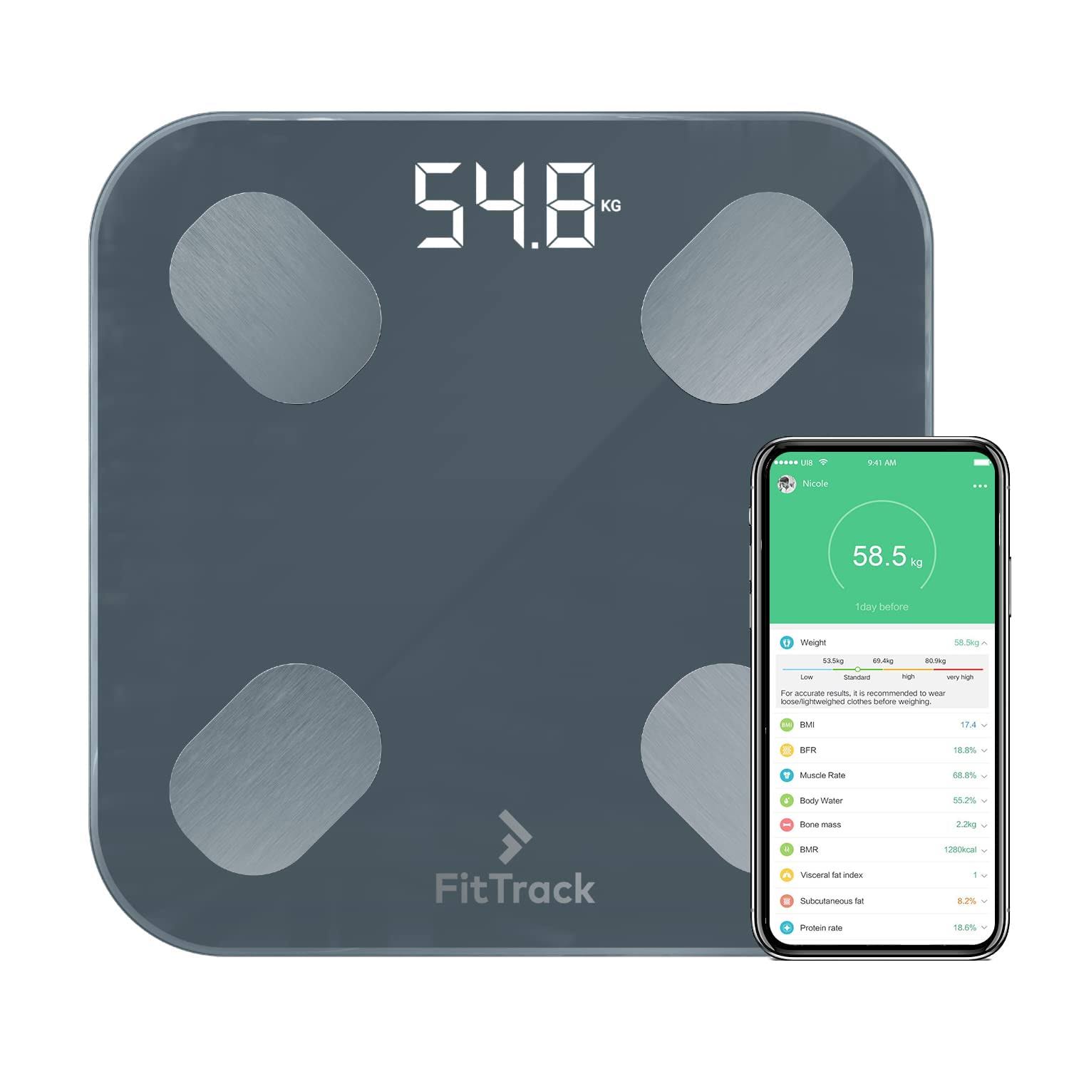 FitTrack Dara Smart BMI Digital Scale   Measure Weight and Body Fat   Most Accurate Bluetooth Glass Bathroom Scale (Black)