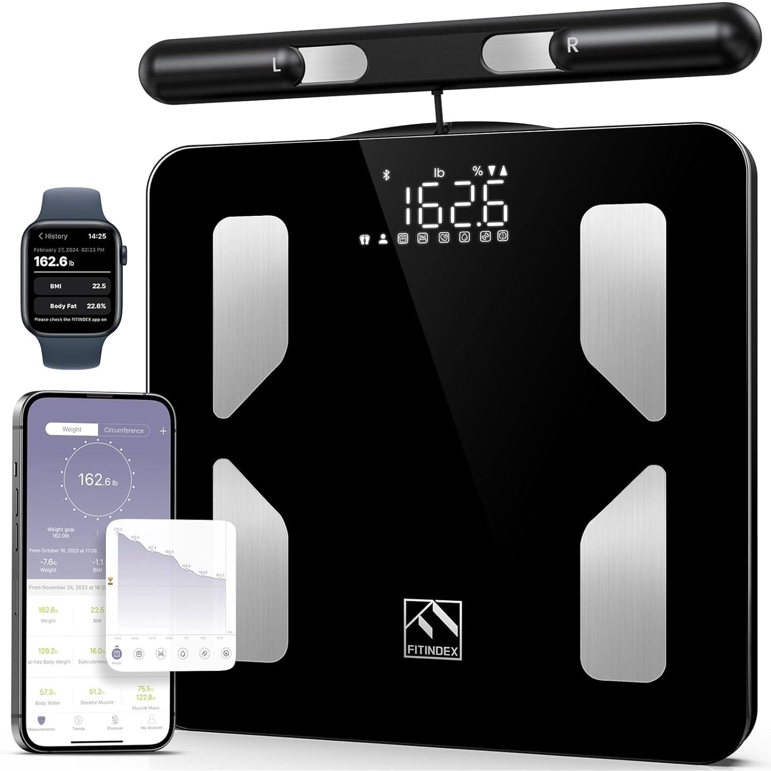 FITINDEX Smart Scale for Body Weight and Fat, 8 Electrode Scales with BMI, Body Fat, Muscle Mass, 50 Body Composition Analyzer, Sync APP for Health Monitor, 400lb