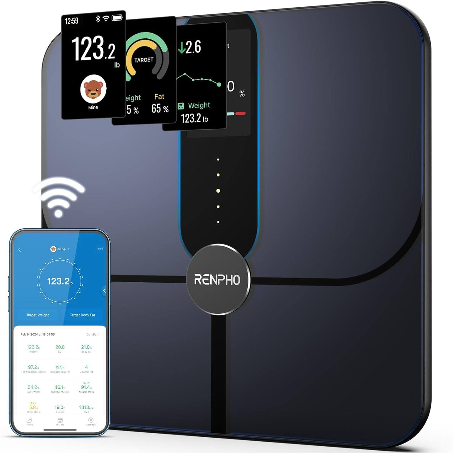 RENPHO Smart Scale, Body Fat Scale with TFT LCD, FSA HSA Eligible Scale for Body Weight with 18 Metrics, Wi-Fi Scale with BMI, Body Fat, Muscle Mass, Rechargeable, Elis Nova