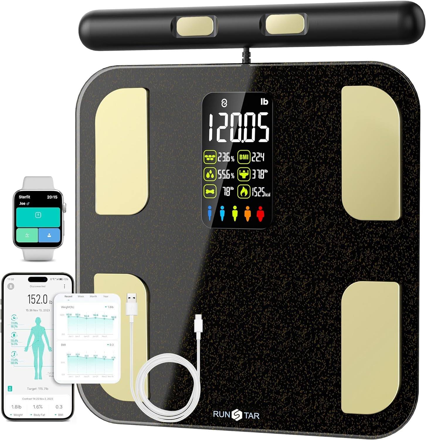 Scale for Body Weight, RunSTAR 8 Electrodes High Accurate Rechargeable Composition Analyzer with BMR Index Body Fat Digital Scale Composition Muscle   Fat Measurement Large Display 400L