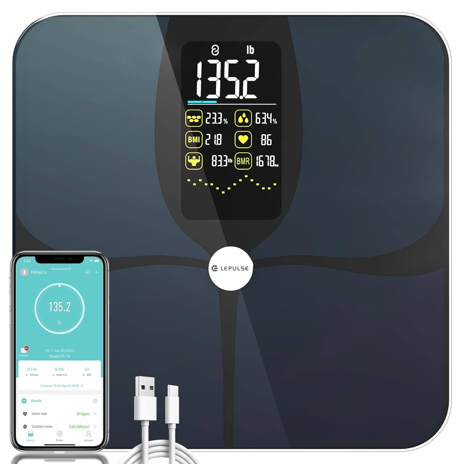 Body Fat Scale, Lepulse Large Display Scale for Body Weight, Accurate Digital Bathroom Scale, Rechargeable BMI Smart Weight Scale with Body Fat Muscle Heart Rate, 15 Body Composition