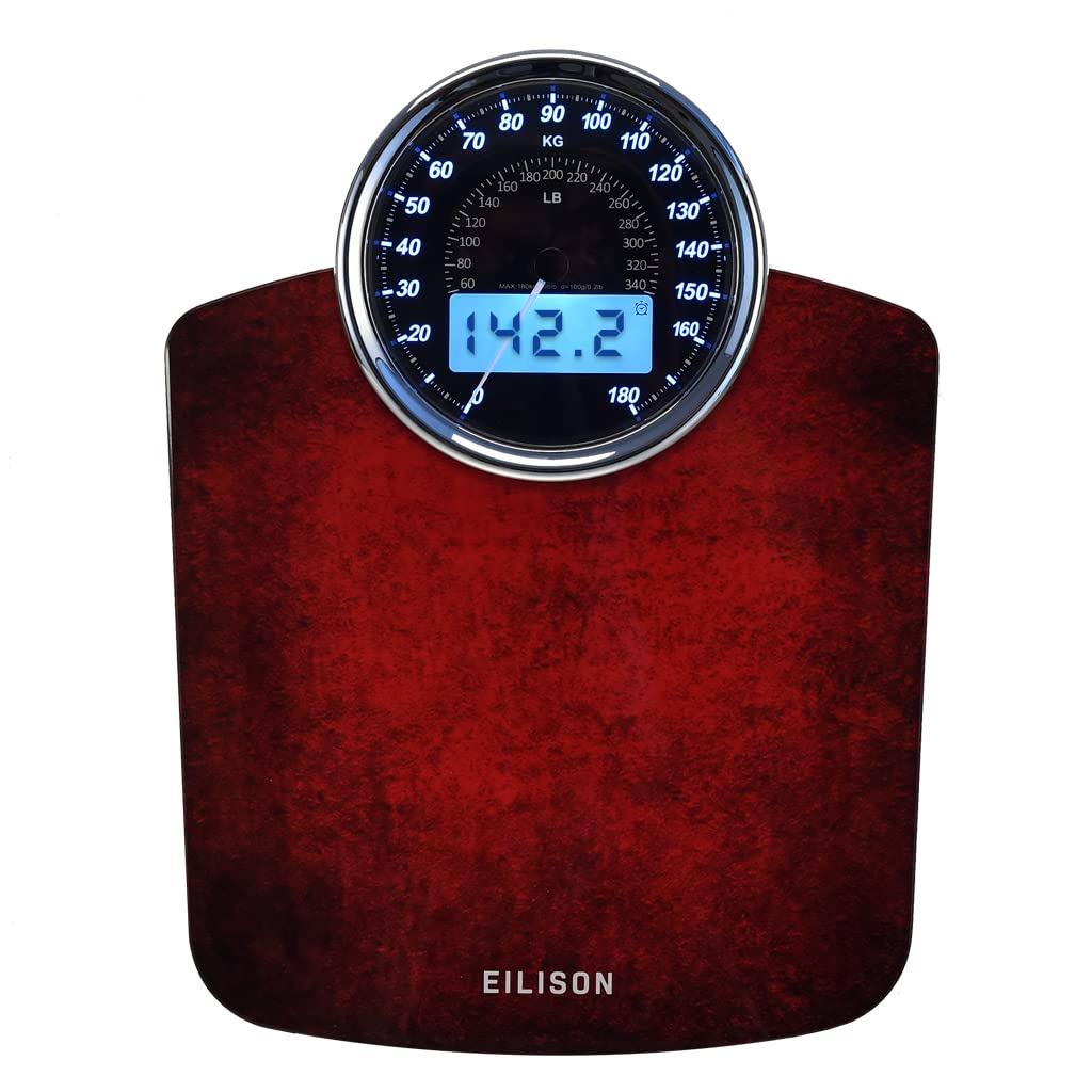 EILISON Highly Advance 2-in-1 Digital   Analog Weighing Scale for Body Weight-400lbs, 4 High Precison GX Sensor Accurate, Thick Tempered Glass, Extra Large Display (Red)