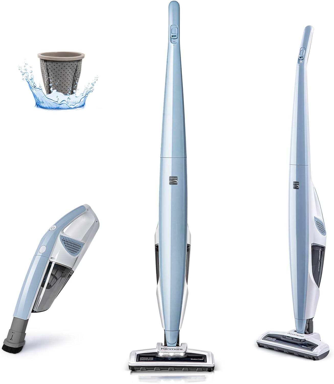 DS1020 16V Cordless Stick Vacuum Lightweight 2-in-1 Handheld, LED Headlight with 2-Speed Power Control for Hardwood Floor, Carpet   Pet Hair, 16 Volts, Gray-Blue