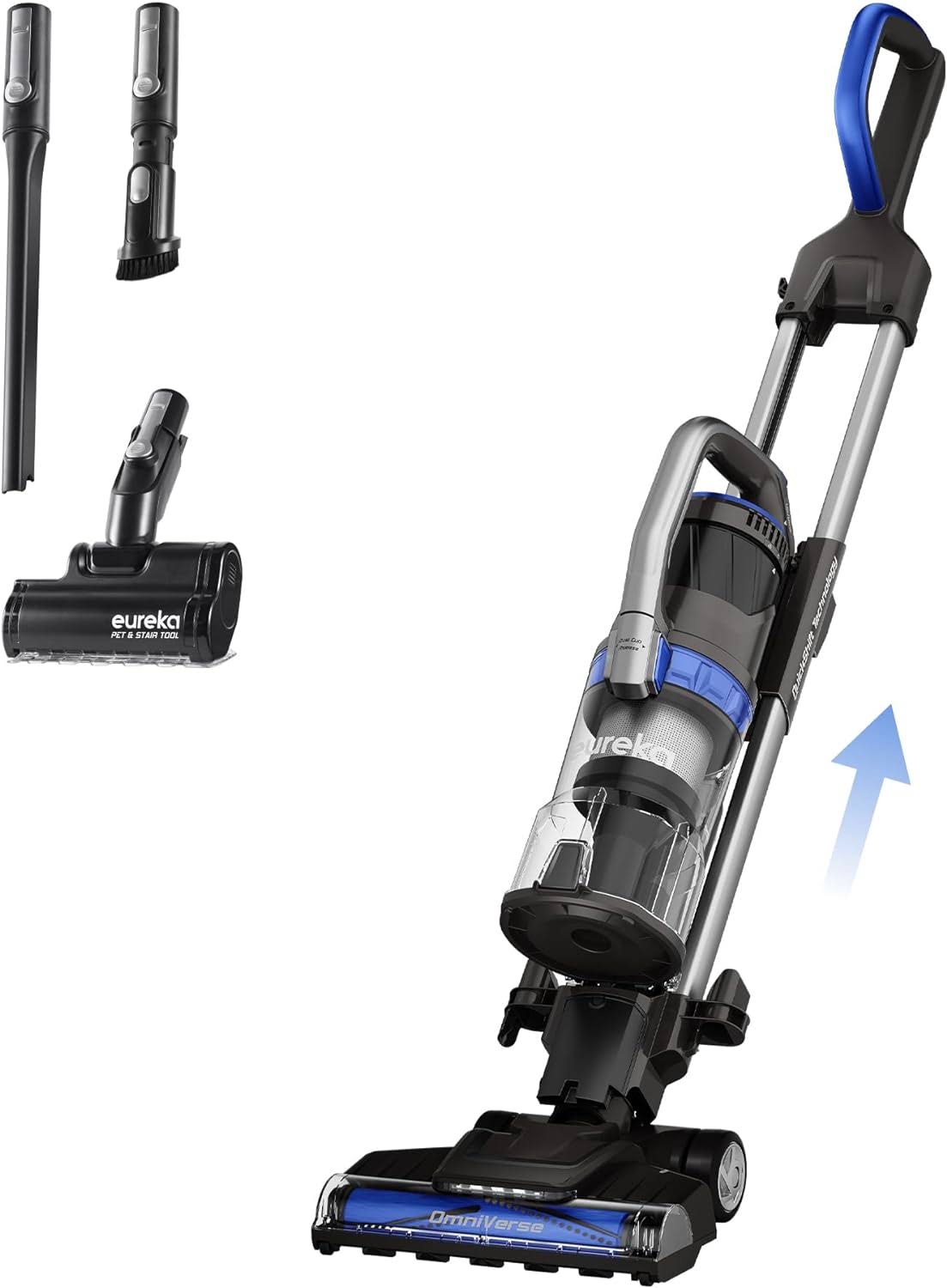 QuickShift Upright Home OmniVerse Vacuum Cleaner with Large Dust Cup, Advanced Anti-Tangle Technology and HEPA Filter, NEU801BL with Motorized Pet   Stair Tool, Blue