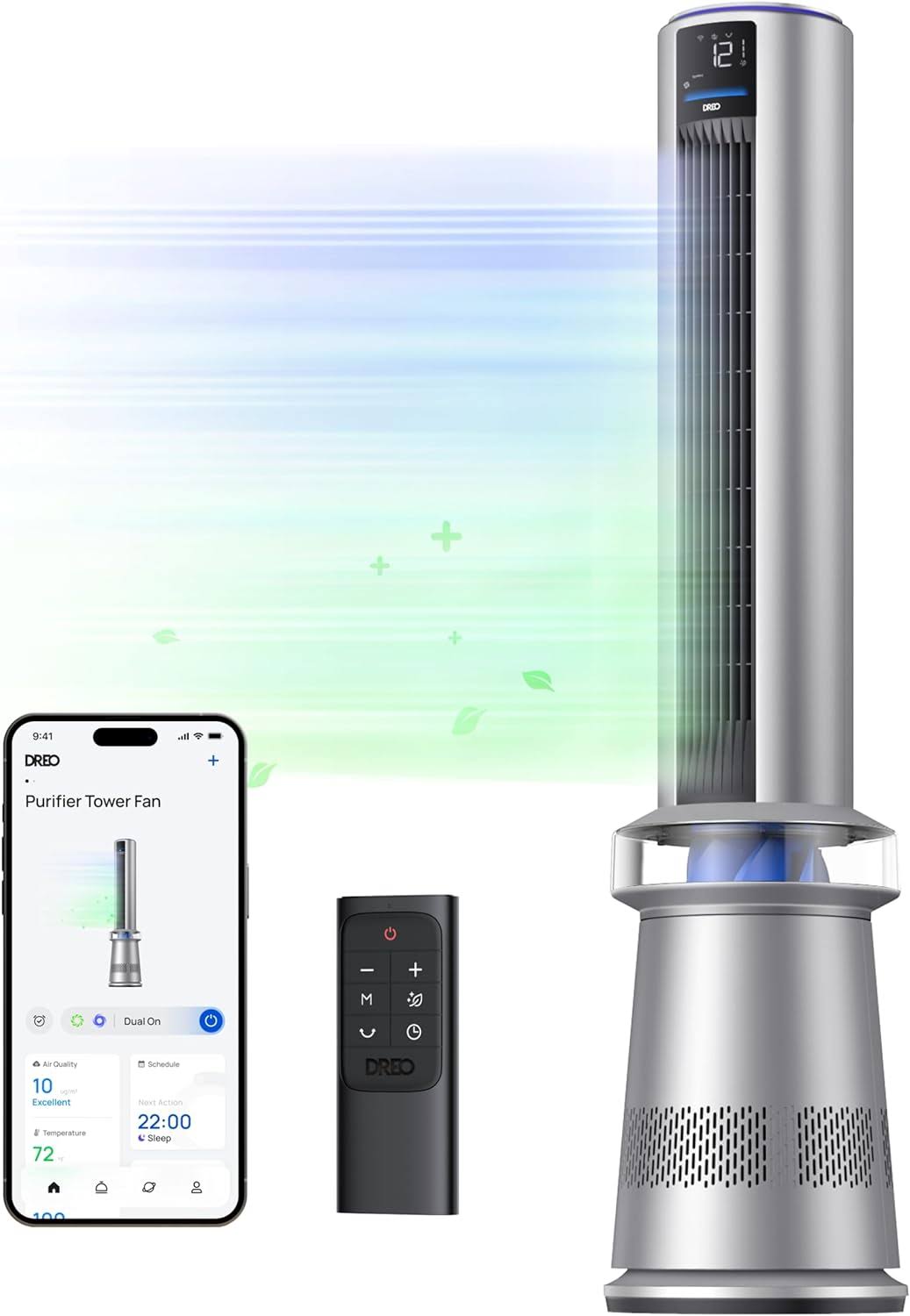 Air Purifier Tower Fan, 45  2-in-1 Smart Fan for Bedroom, 27ft/s Velocity, 120°Oscillation, 24H Timer Bladeless Fans for Home, 25dB Low Noise, Standing Fan Works with Alexa, MC710S, Silver Blue