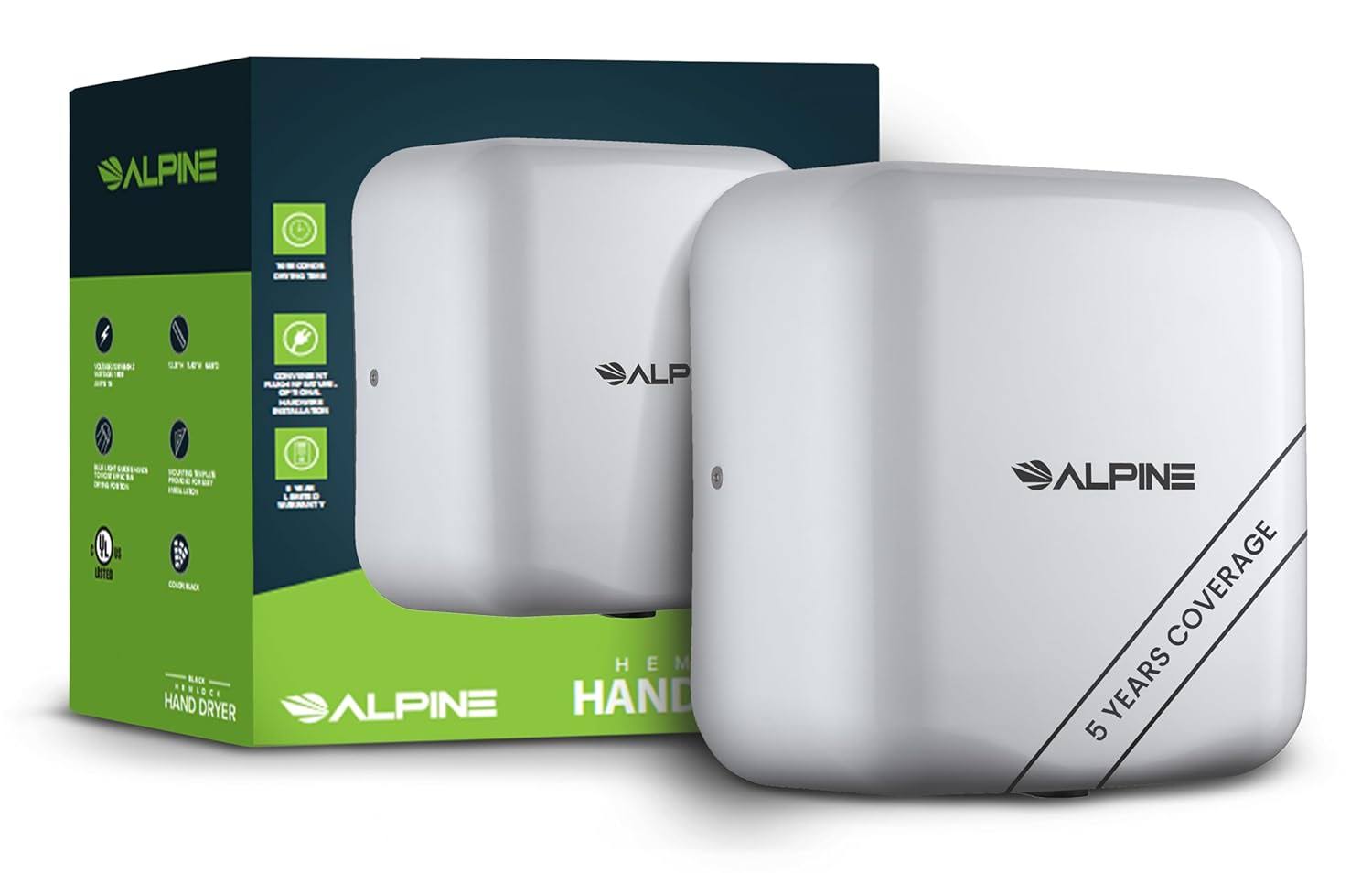 Alpine Automatic Hand Dryers for Bathrooms Commercial High Speed 110-120V Stainless Steel Electric Hand Dryer, Plug In   Hardwire Options with Air Filter, ADA   UL Compliant   5 Years Coverage (White)