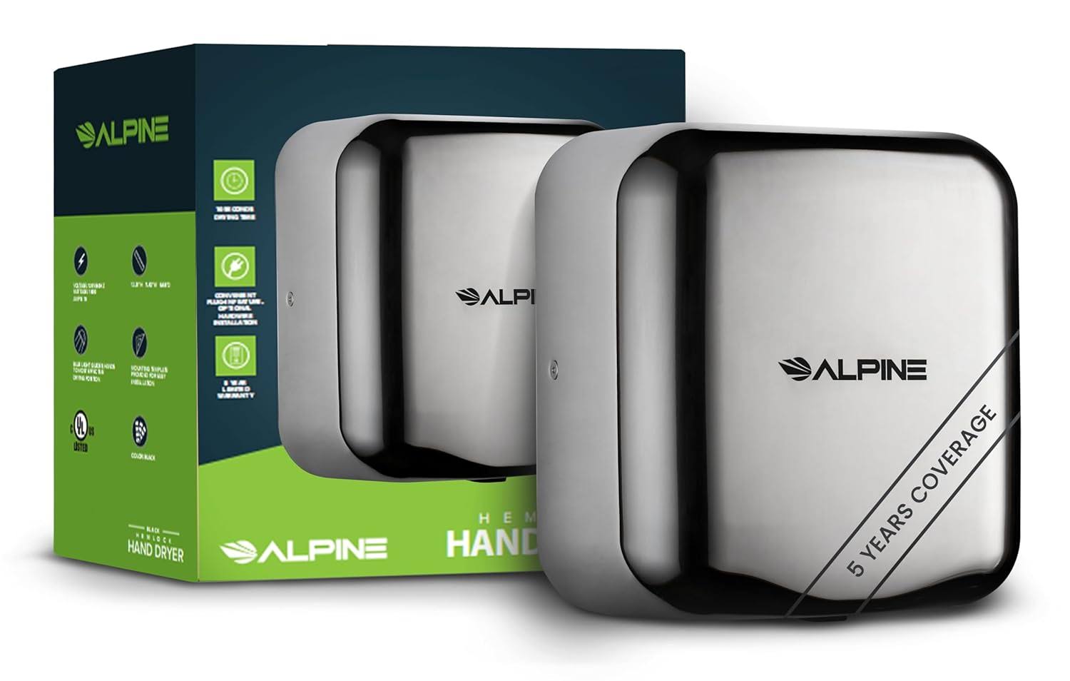 Alpine Automatic Hand Dryers for Bathrooms Commercial High Speed 110-120V Stainless Steel Electric Hand Dryer, Plug In   Hardwire Options with Air Filter, ADA   UL Compliant   5 Years Coverage(Chrome)