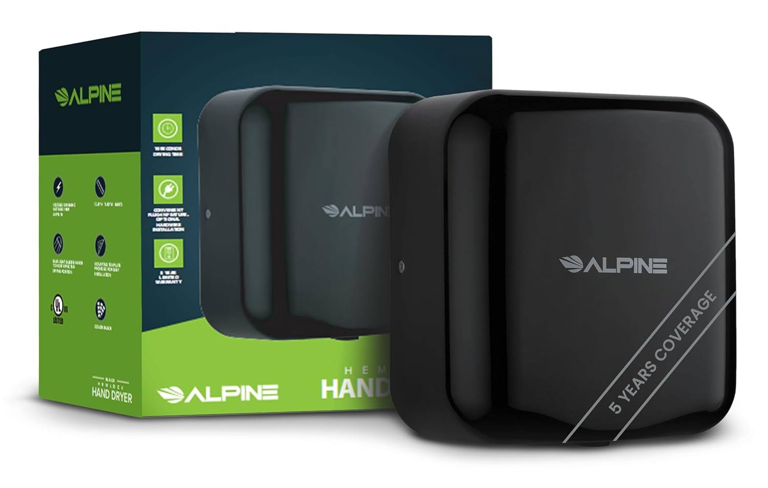Alpine Automatic Hand Dryers for Bathrooms Commercial High Speed 110-120V Stainless Steel Electric Hand Dryer, Plug In   Hardwire Options with Air Filter, ADA   UL Compliant   5 Years Coverage (Black)