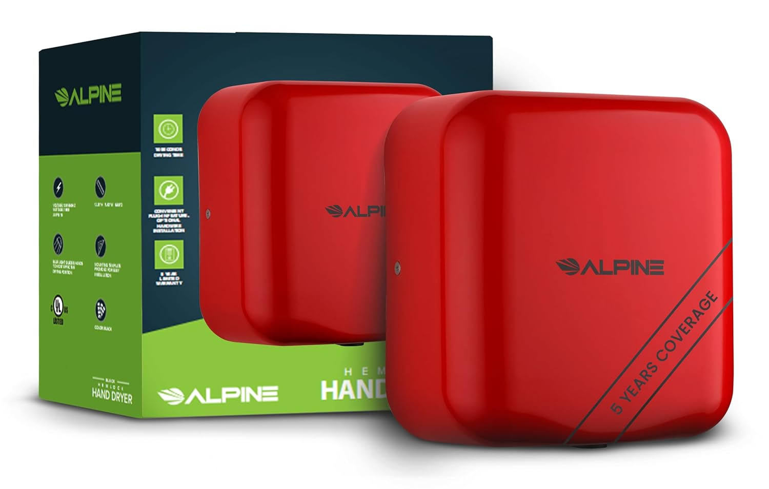 Alpine Automatic Hand Dryers for Bathrooms Commercial High Speed 110-120V Stainless Steel Electric Hand Dryer, Plug In   Hardwire Options with Air Filter, ADA   UL Compliant   5 Years Coverage (Red)