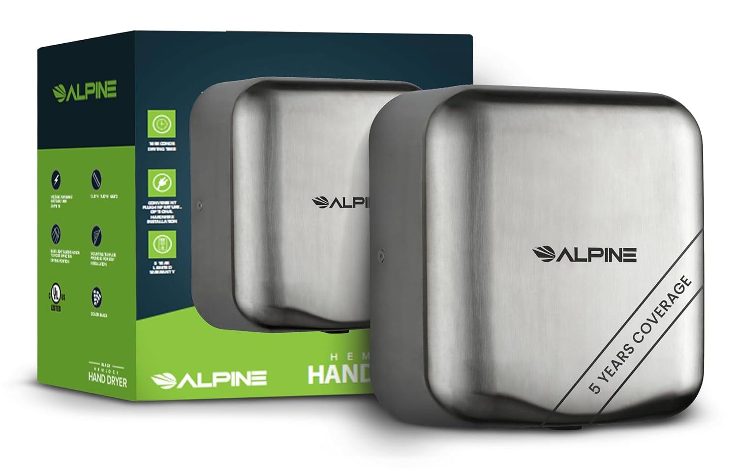 Alpine Industries Hemlock Automatic Hand Dryer   Heavy Duty Stainless Steel | 1800Watts | 110-120Volts (Brushed Stainless Steel)