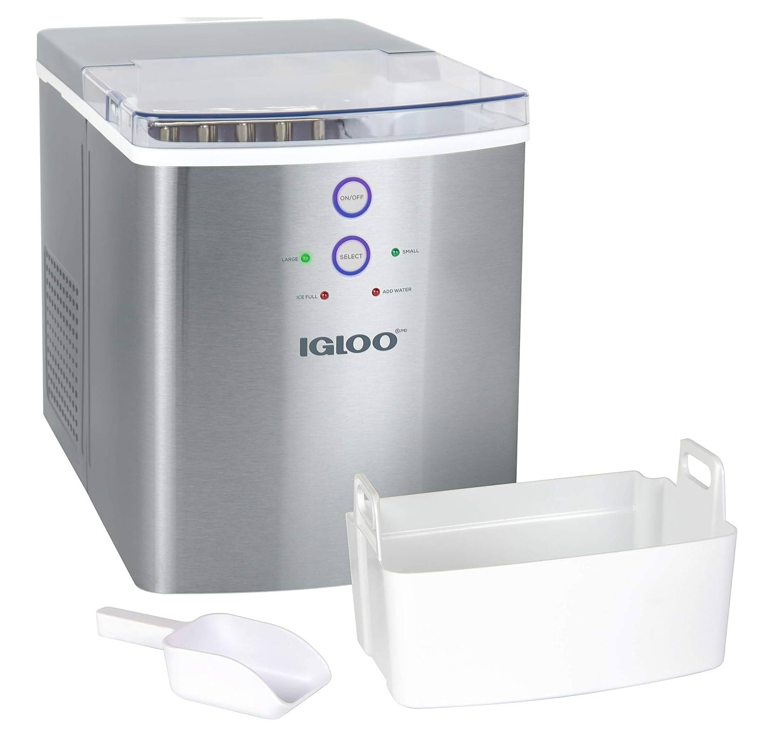 Igloo Electric Countertop Ice Maker Machine   Automatic and Portable   33 Pounds in 24 Hours   Ice Cube Maker   Ice Scoop and Basket   Ideal for Iced Coffee and Cocktails   Stainless Steel