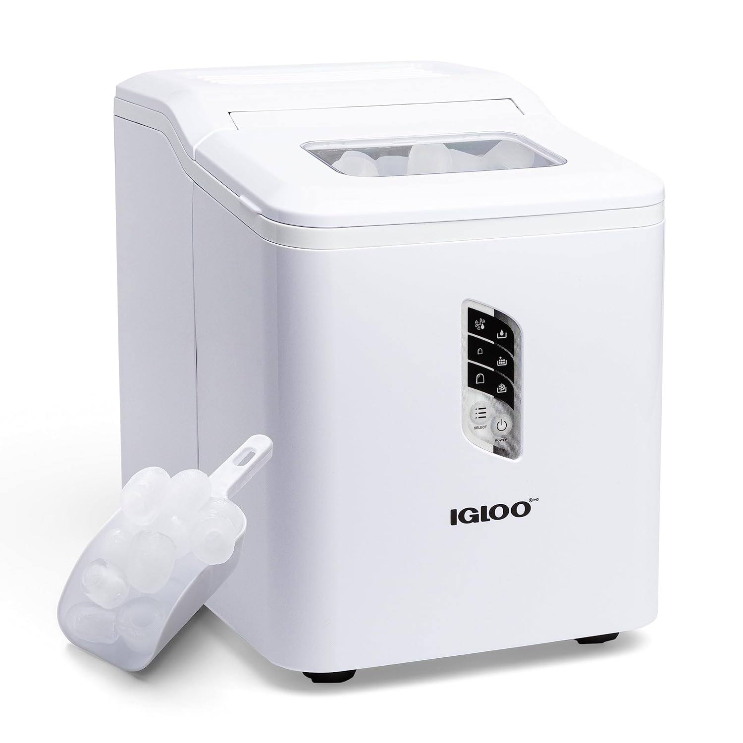Igloo Automatic Ice Maker, Self- Cleaning, Countertop Size, 26 Pounds in 24 Hours, 9 Large or Small Ice Cubes in 7 Minutes, LED Control Panel, Scoop Included, Perfect for Water Bottles, Mixed Drinks, white