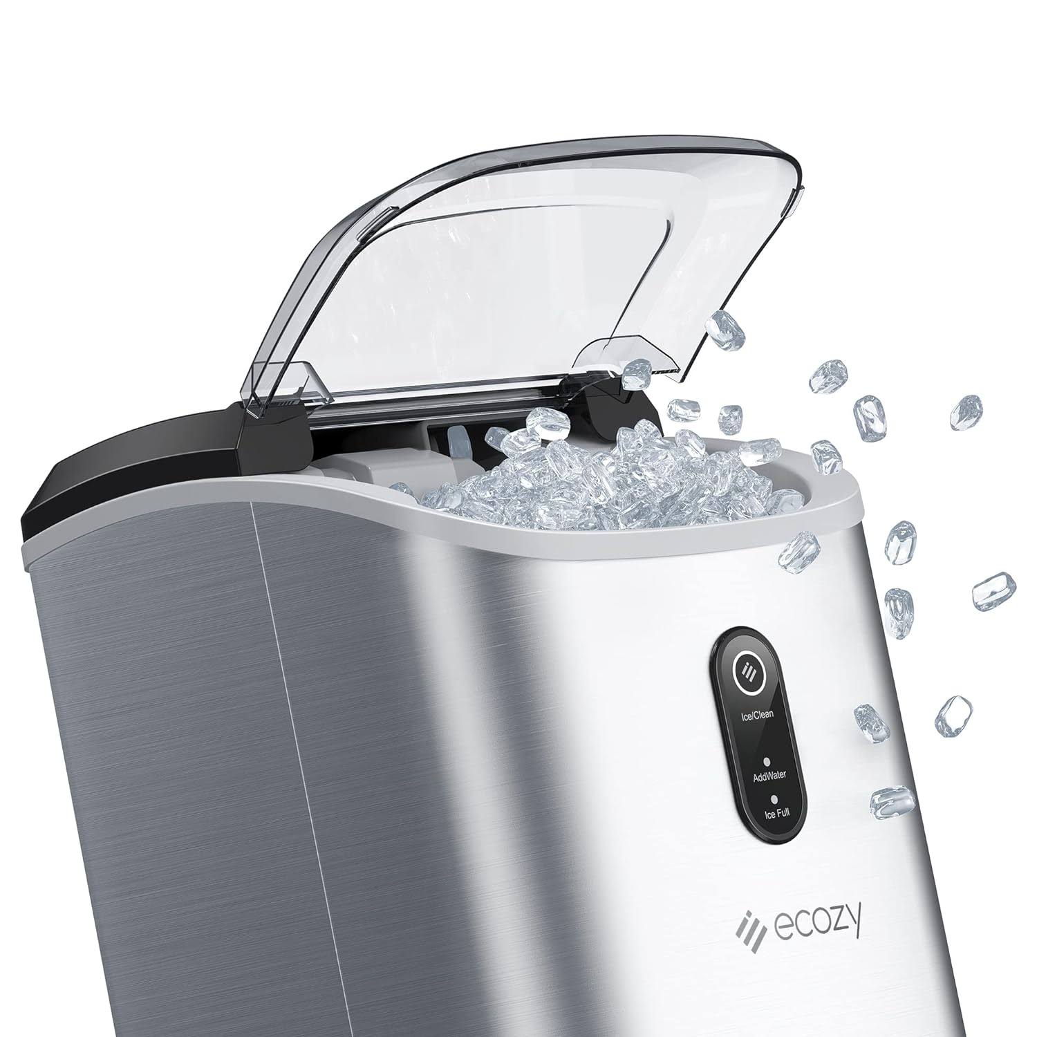 ecozy Nugget Ice Maker Countertop   Chewable Pellet Ice Cubes, 33 lbs Daily Output, Stainless Steel Housing, Self-Cleaning Ice Machine with Ice Bags for Parties, Kitchen, Bar, Office, Silver