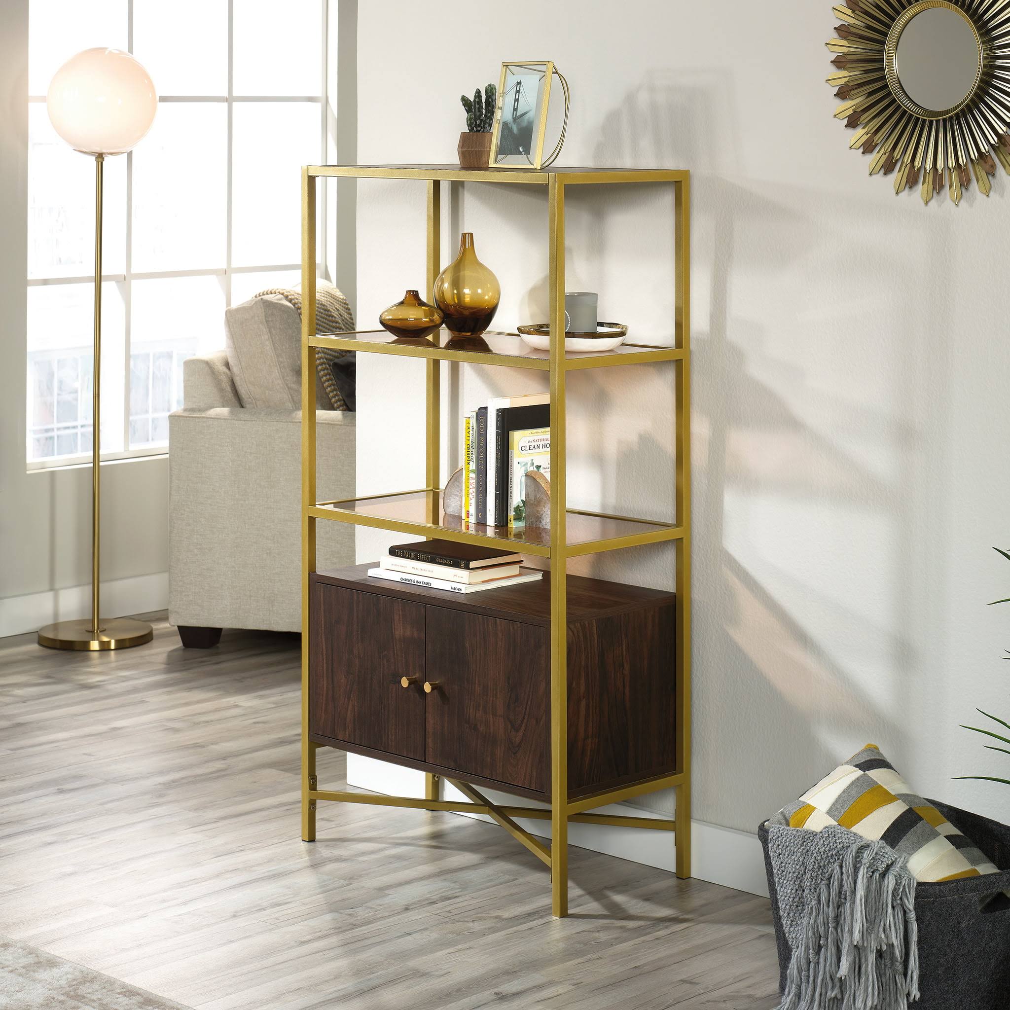 Curiod Bookcase with 3 Glass Shelves and Storage, Rich Walnut Finish