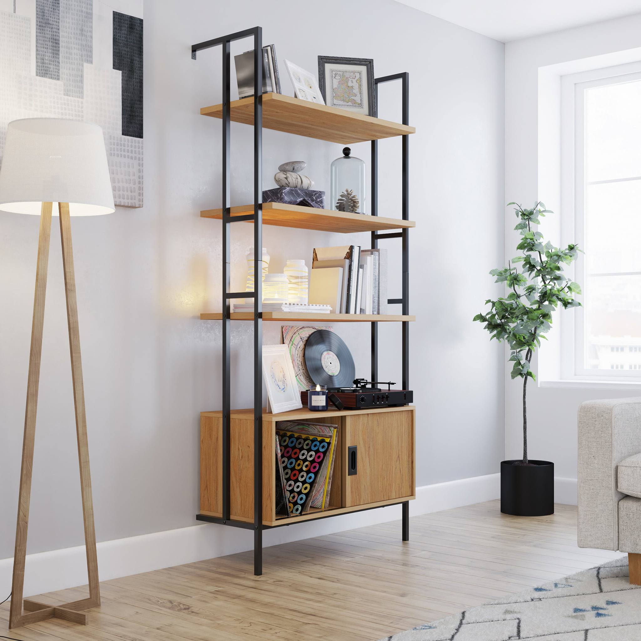 New Hyde Bookcase With Sliding Door, Serene Walnut Finish