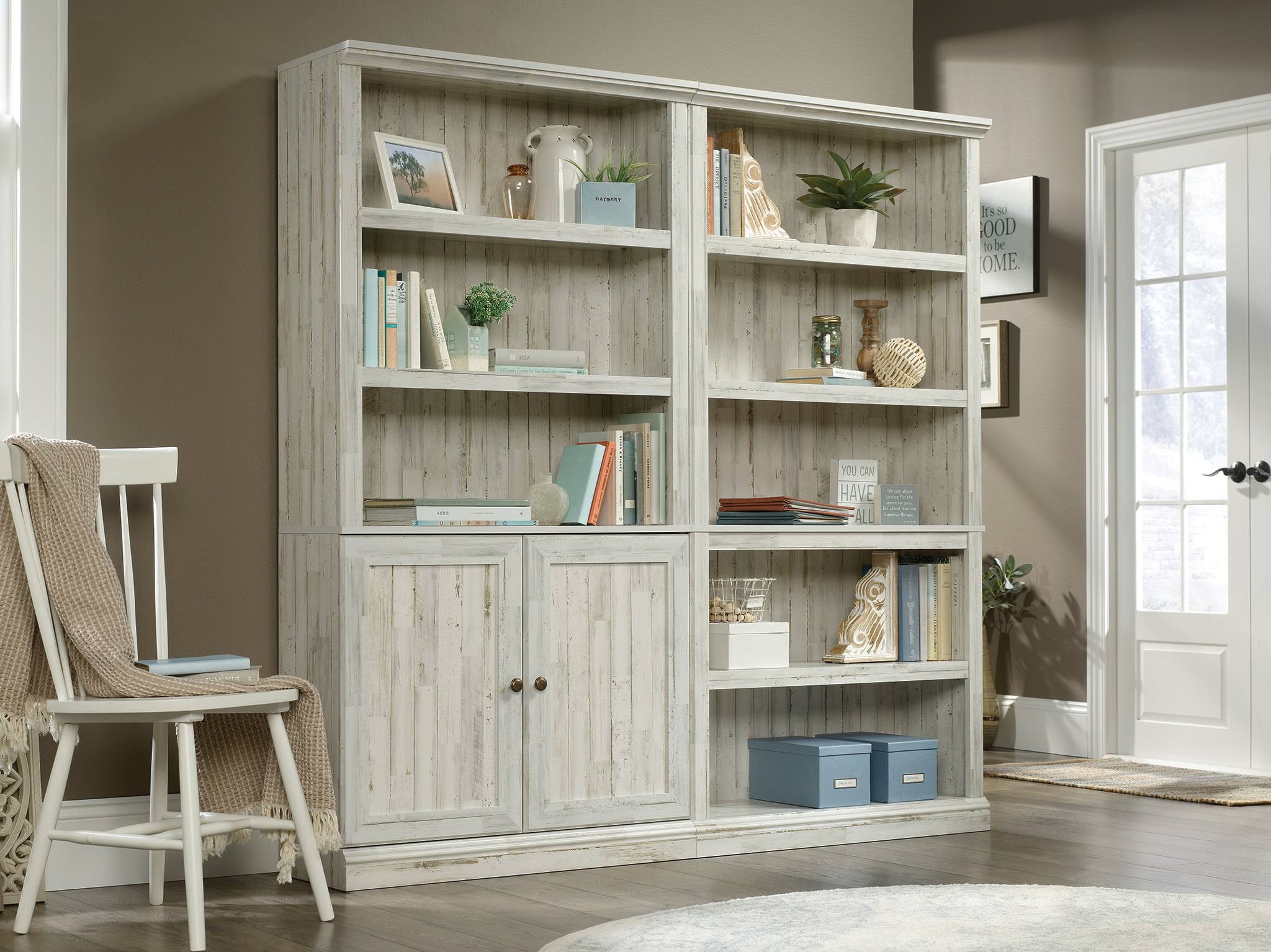5-Shelf Bookcase with 2 Doors, White Plank Finish