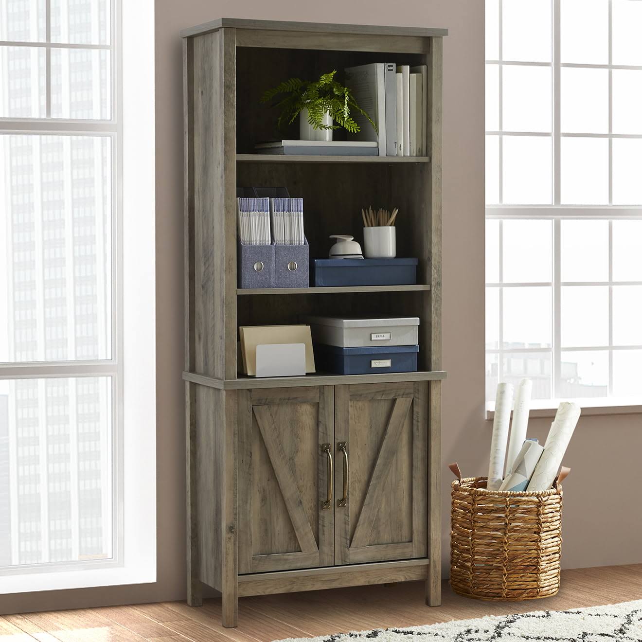 Gardens Modern Farmhouse Library Bookcase with Doors, Rustic Gray Finish