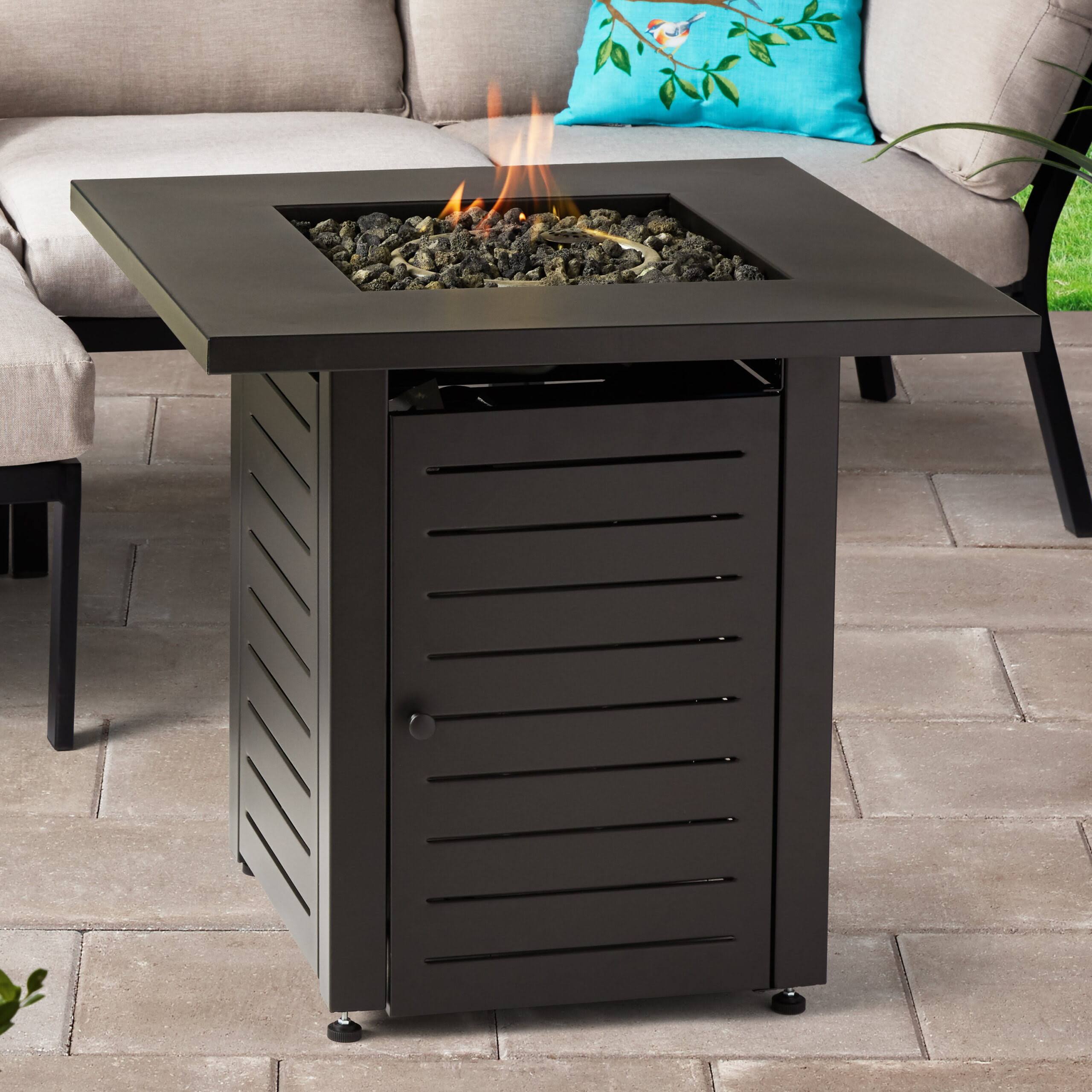Mainstays 28  Square 50000 BTU Propane Gas Fire Pit Table with Lava Rocks, Metal Lid and Protective Cover
