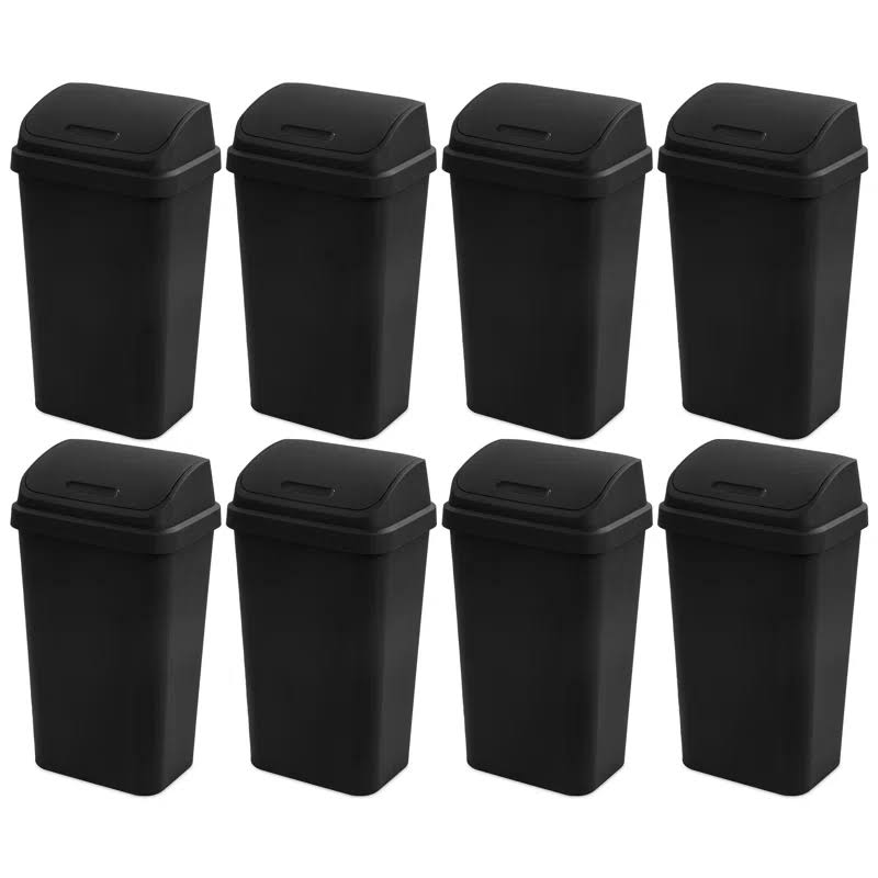 13 Gallon Swing Top Lid Wastebasket Trash Can, Black (8 Pack)