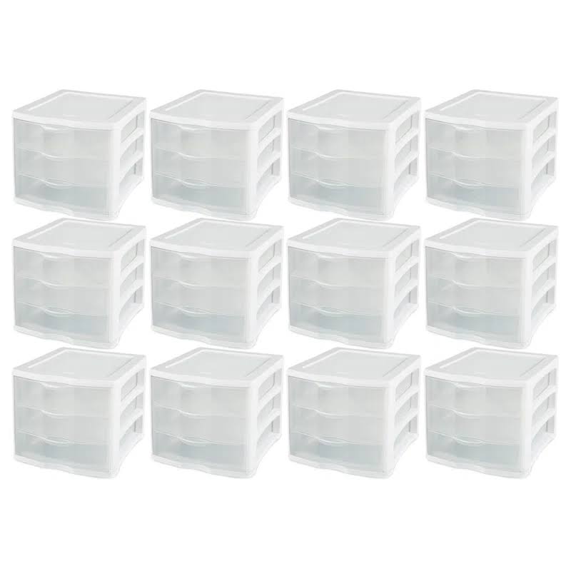 White and Clear Countertop 3-Drawer Desktop Storage Unit (12 Pack)