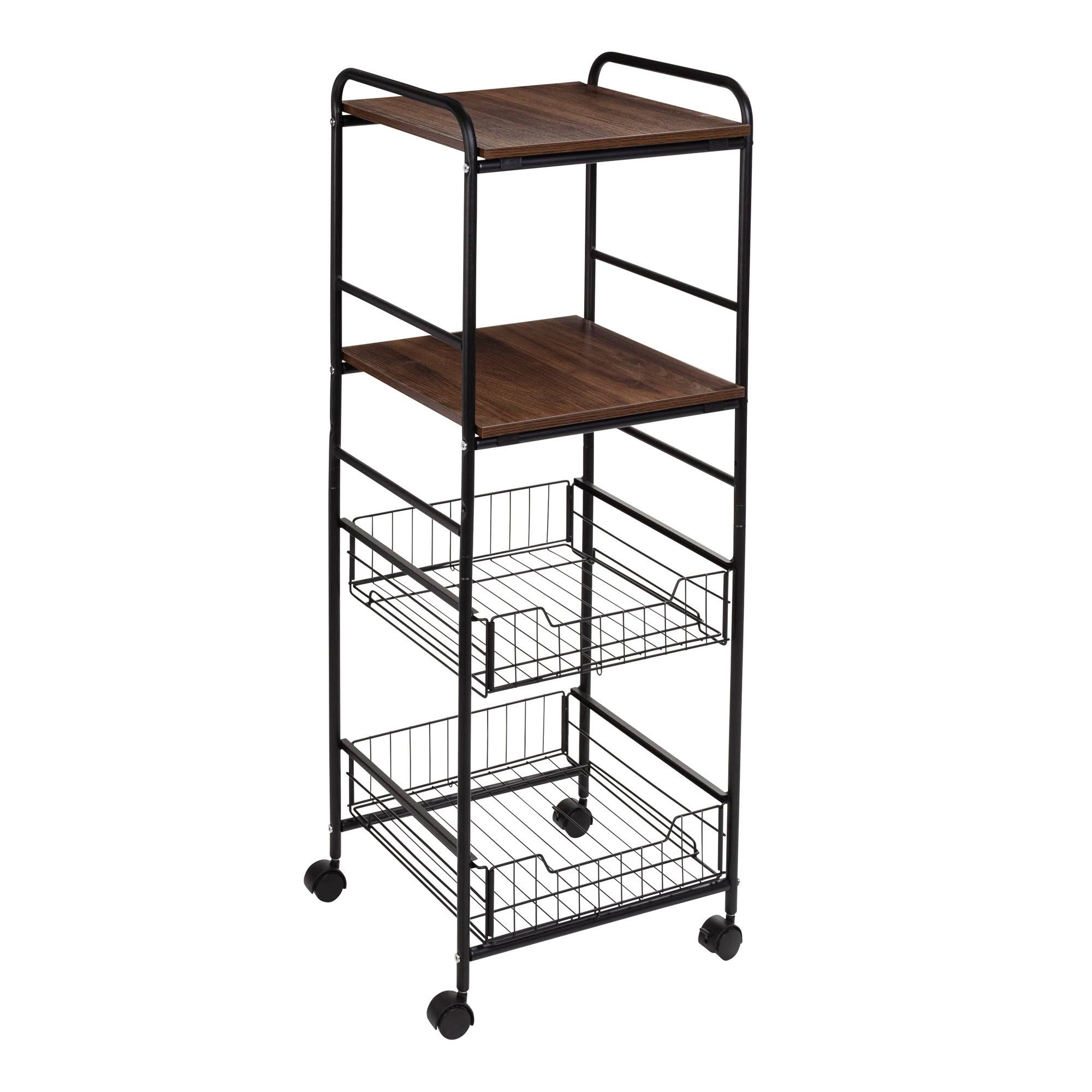 4-Tier Rolling Cart With Two Shelves and Two Baskets, Black
