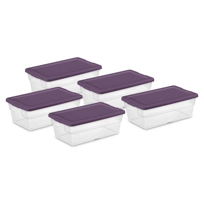 Stackable 6 Qt Storage Box Container, Clear, Purple Lid (90 Pack)