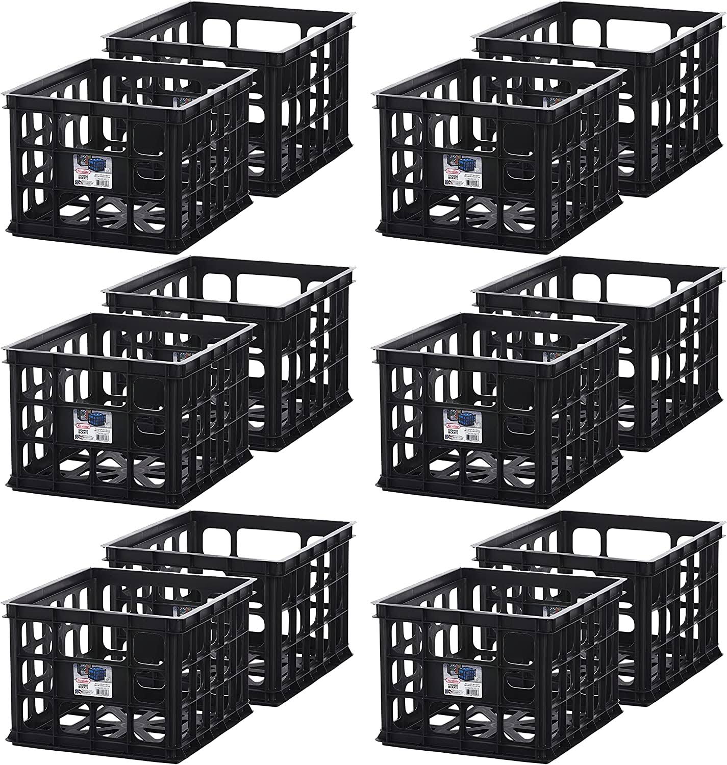 16929006 Plastic Storage Box Crate, Black (12 Pack)