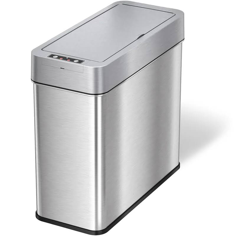 iTouchless 4 Gallon Slim Sensor Trash Can with AbsorbX Odor Control System, Lid Opens Left, 15 Liter Stainless Steel Automatic Wastebasket, Space-Saving Bin for Bathroom, Kitchen, Office, Hotel