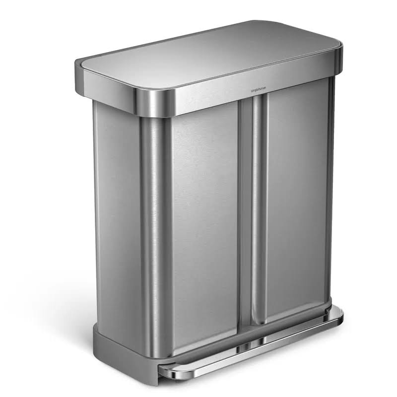 58 Liter / 15.3 Gallon Rectangular Hands-Free Dual Compartment Recycling Kitchen Step Trash Can with Soft-Close Lid, Brushed Stainless Steel