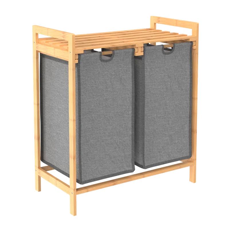 Bamboo 2-Compartment Laundry Sorter Hamper with Sliding Baskets
