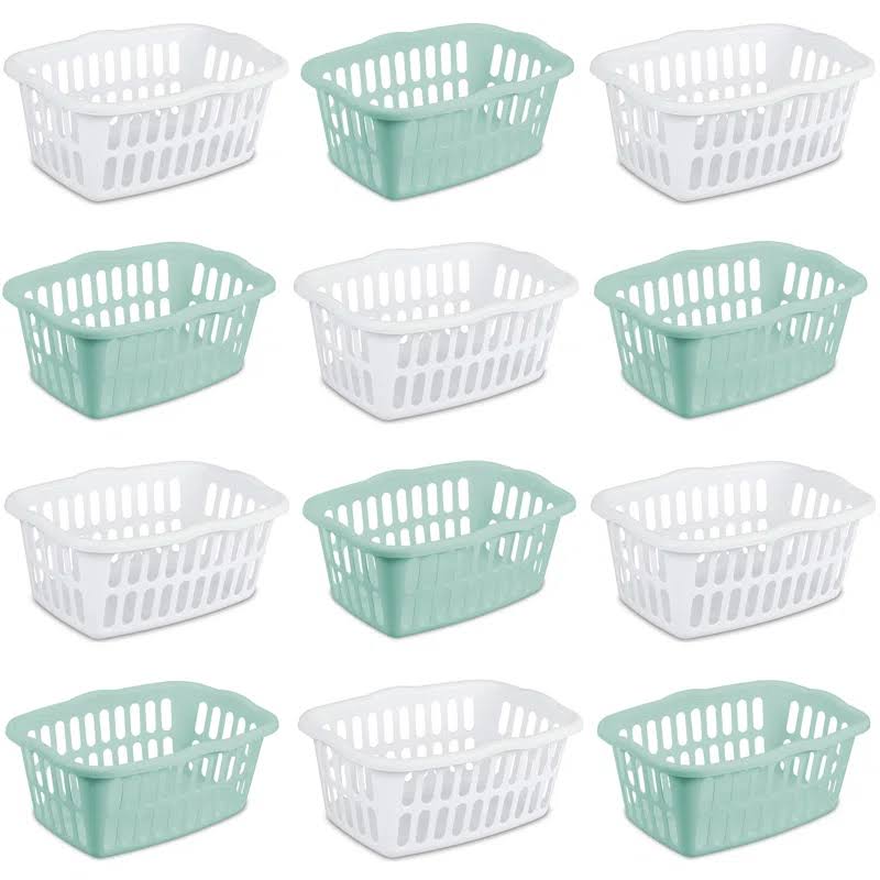 12459412 1.5 Bushel/53 Liter Rectangular Laundry Basket, White   Aqua Chrome, Assorted, 12-Pack , Green