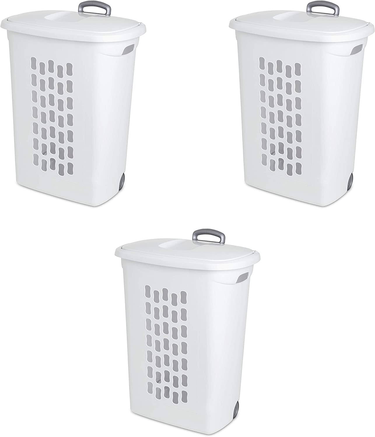 12228003 Ultra Wheeled Hamper, White Lid   Base w/ Plastic Handle   Wheels, 3-Pack