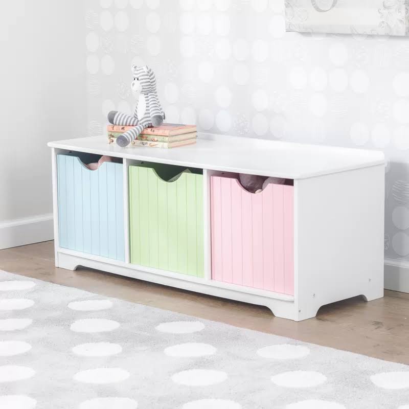 KidKraft Nantucket Wooden Storage Bench with Three Bins and Wainscoting Detail   Pastel, Gift for Ages 3+