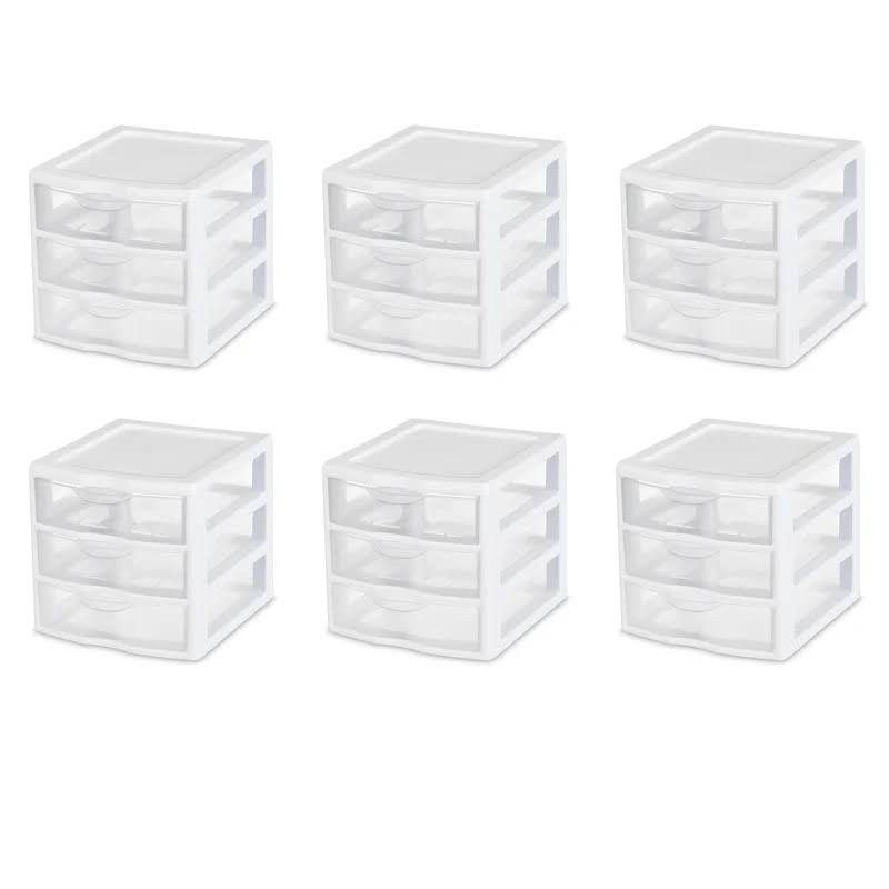 20738006 Small 3 Drawer Unit, White Frame with Clear Drawers, 6-Pack