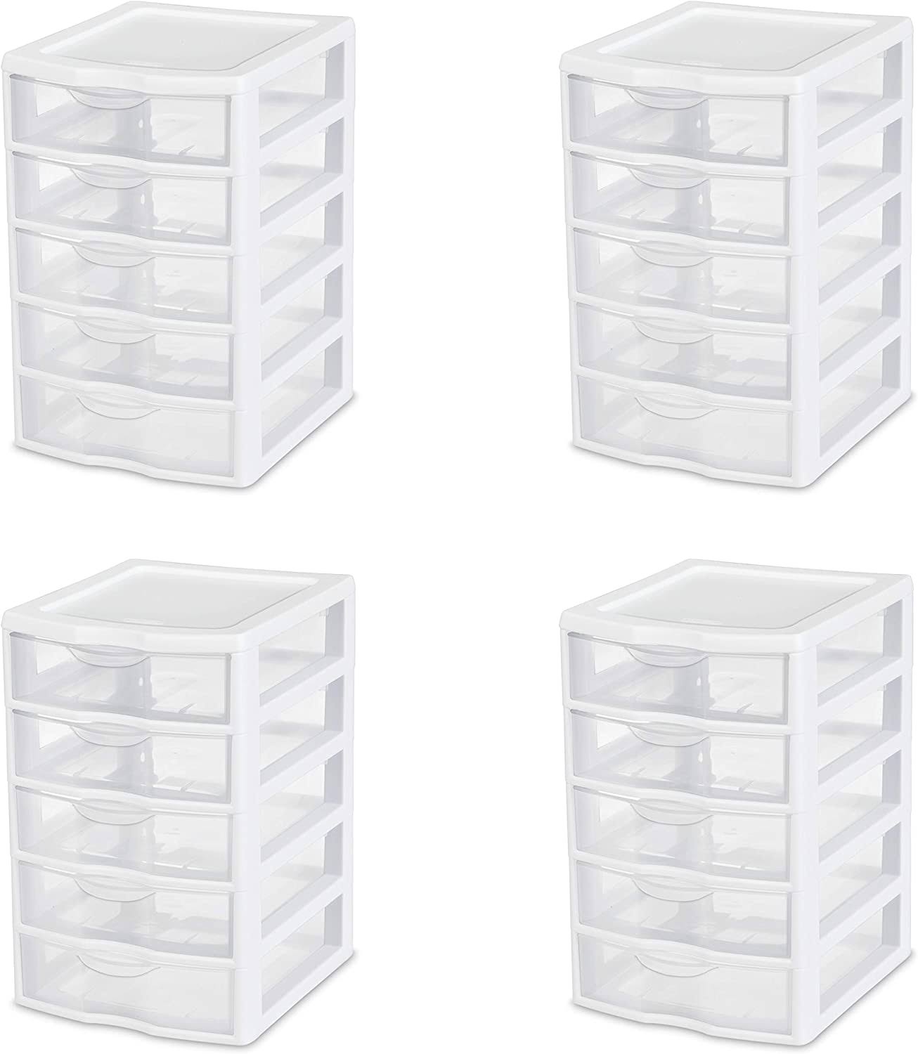 20758004 Small 5 Drawer Unit, White Frame with Clear Drawers, 4-Pack