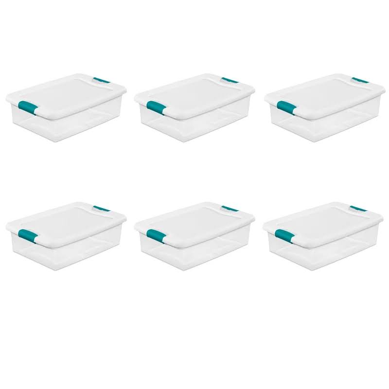14968006 32 quart/30 L Latching Box with Clear Base, White Lid and Colored Latches, 6-Pack