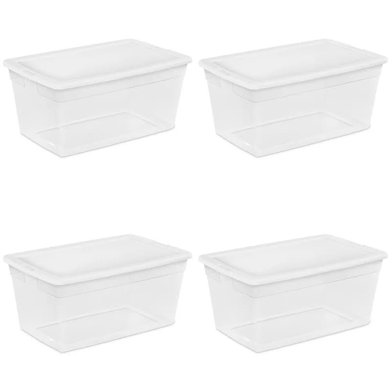 16668004 90 Quart/85 Liter Storage Box, Clear with a White Lid, 4-Pack