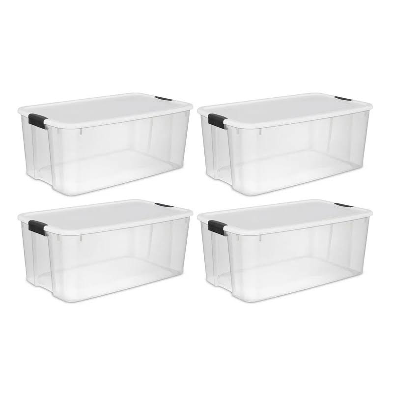 19909804 116 Quart/110 Liter Ultra Latch Box, Clear with a White Lid and Black Latches, 4-Pack