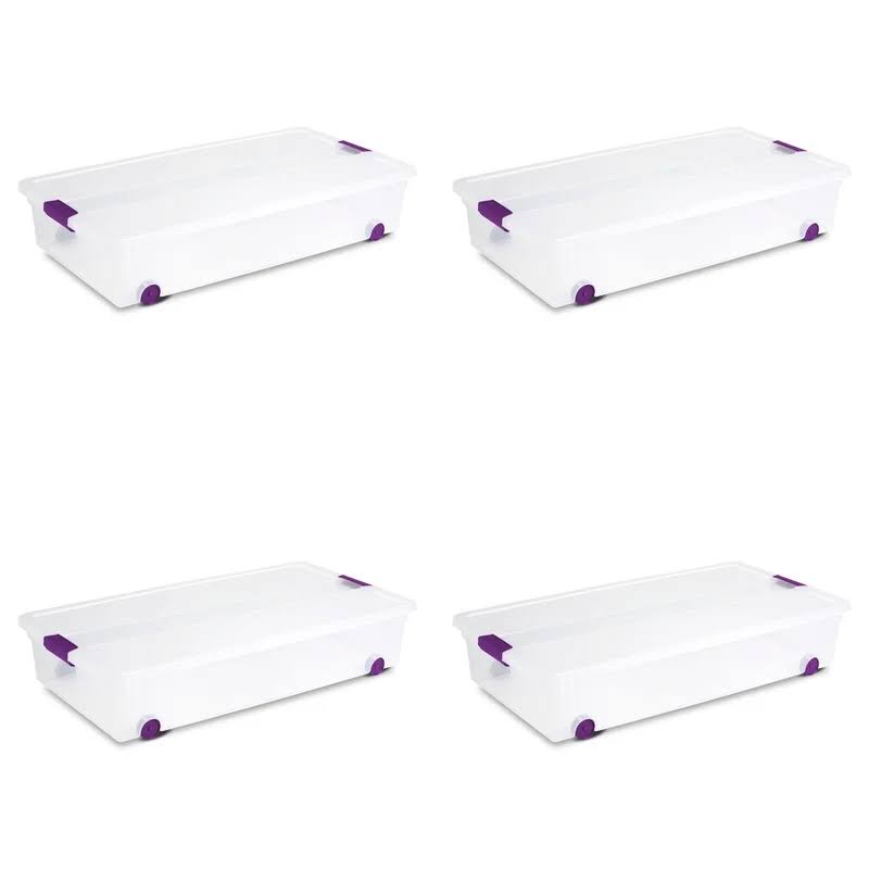 17611704 60 Quart/57 Liter ClearView Latch Wheeled Underbed Box, Clear Lid and Base with Sweet Plum Latches and Wheels, 4-Pack