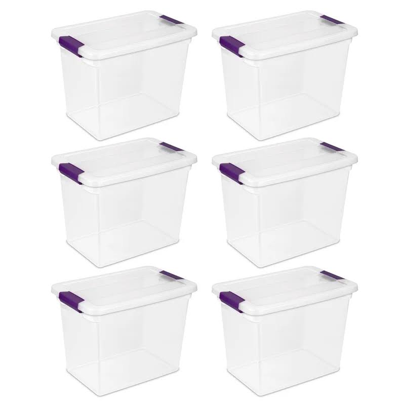 17631706 27 Quart/26 Liter ClearView Latch Box, Clear with Sweet Plum Latches, 6-Pack