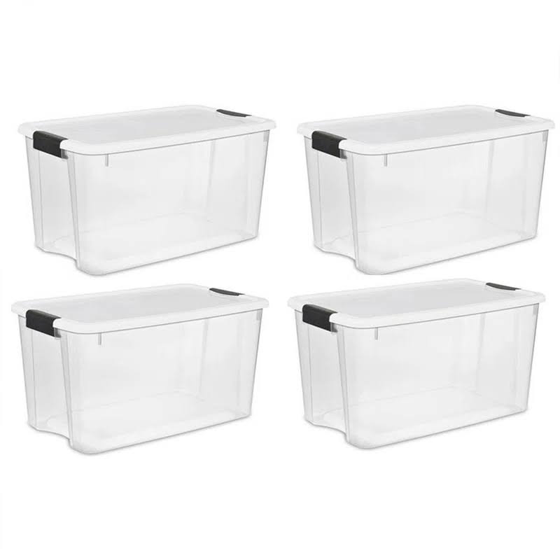 70 Qt Clear Plastic Stackable Storage Bin w/White Latching Lid Organizing Solution, 4 Pack