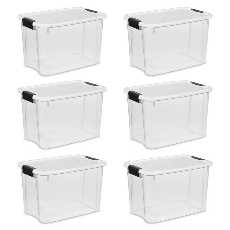 19859806, 30 Quart/28 Liter Ultra Latch Box, Clear with a White Lid and Black Latches, 6-Pack