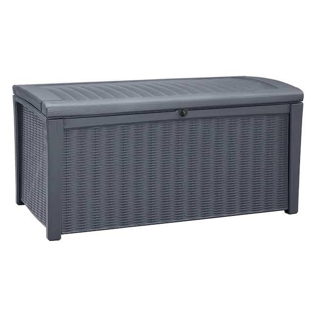 Borneo 110-Gallon Multipurpose Resin Deck Storage Bin Organizing Rattan Wicker Container for Outdoor Equipment and Accessories, Grey