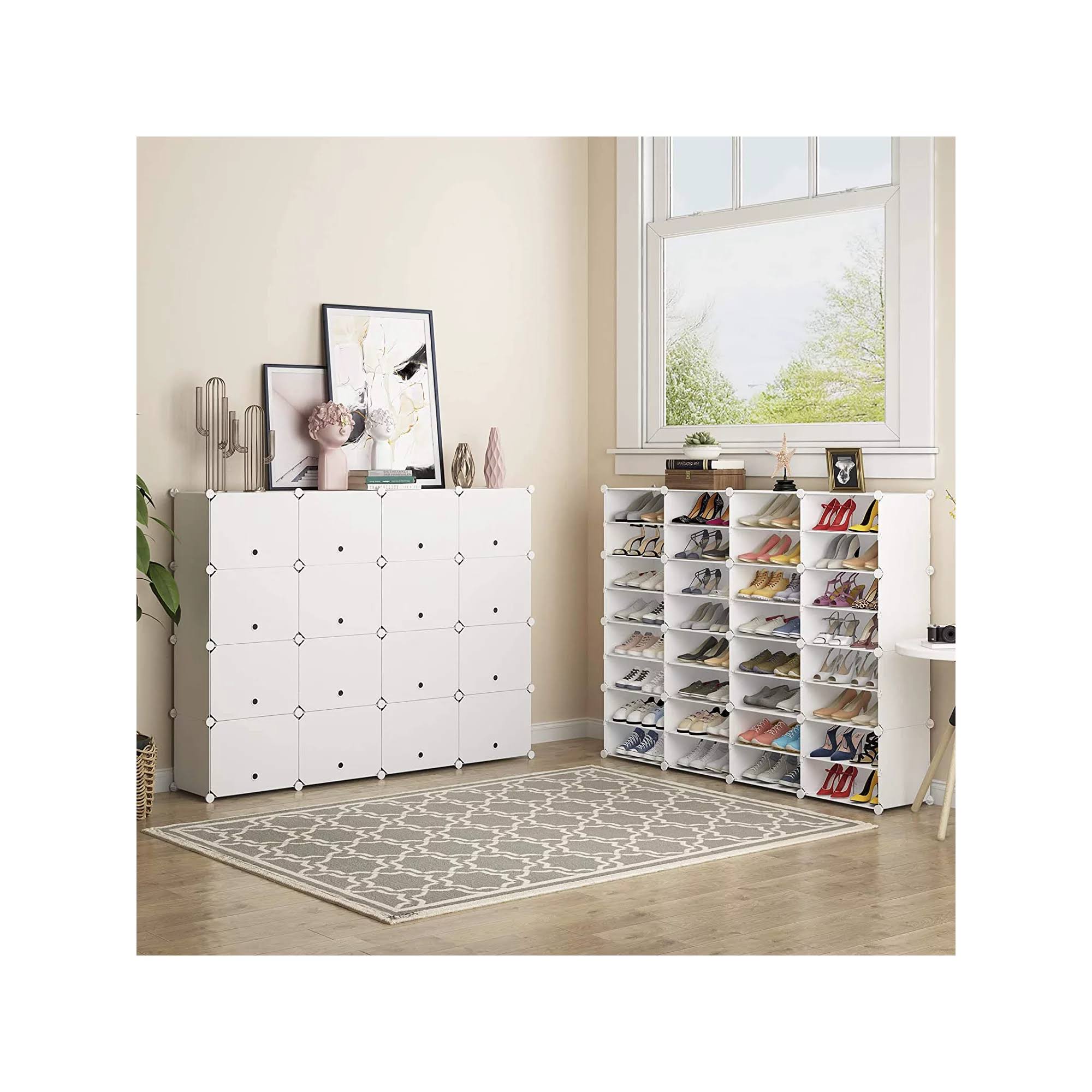 Just Buy IT Portable Shoe Rack Organizer 8-Tier Portable 64 Pair Shoe Rack Organizer 32 Grids Tower Shelf Storage Cabinet Stand Expandable for Heels, Boots, Slippers, White